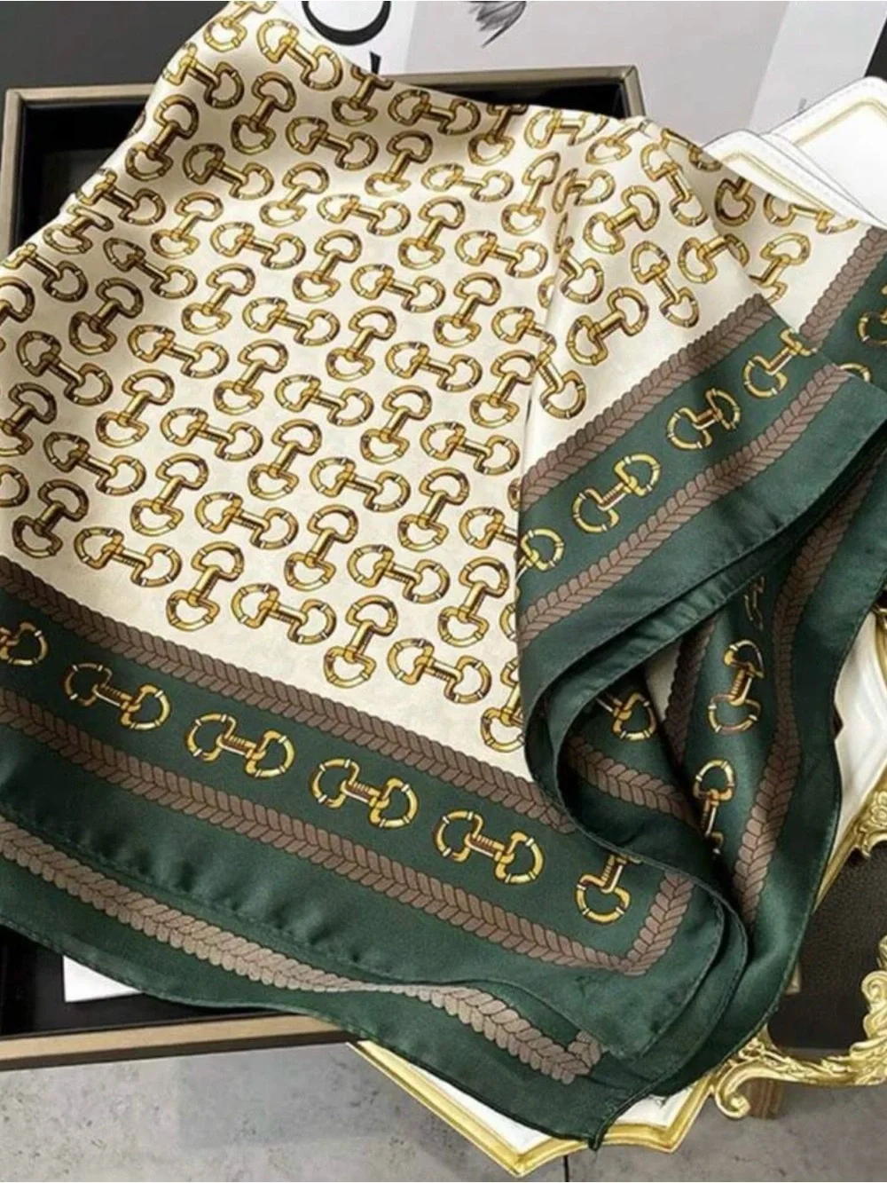 Silk-like Harness pattern Scarf in Emerald & Ivory
